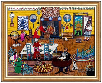 Alpha Andrews Large Original Folk Art Illustration Oil Painting Signed Framed Canvas
