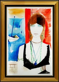 Charles Levier Original Female Portrait Gouache Painting Signed Framed French Art