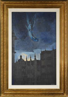 Gustavo Montoya Original Mexican Oil Painting Signed Framed Canvas Artwork: This lot includes a Gallery COAArtist: Gustavo Montoya Title: Angel De Las VizcainasMedium: Oil on Canvas Size: 38" x 23" Framed: 49.5" x 35" Signed: Lower Right Year: 1959 Reference: Montoya: Present