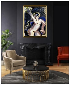 Elvira Bach Large Original Female Portrait Gouache Painting Signed Framed Art