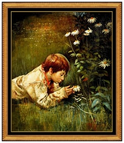 Bernard Locca Original Boy Portrait Oil Painting Signed Framed Canvas