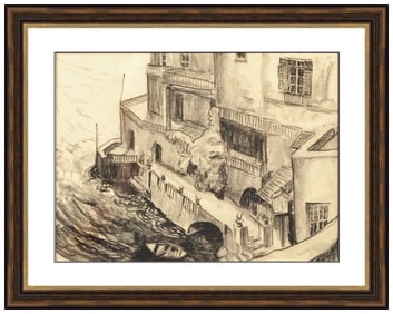 Lucy Pierce Original Italian Coast Landscape Conte Crayon Drawing Signed Framed Art