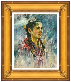 Karl Thomas Original Native American Portrait Oil Painting Signed Framed Canvas
