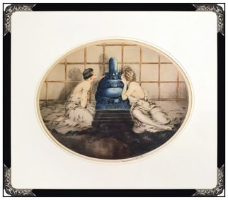 Louis Icart Confidence Windmill Original Hand-Colored Drypoint Etching Signed Art Deco Framed