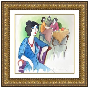 Itzchak Tarkay Original Ladies Cafe Portrait Watercolor Painting Signed Framed Art
