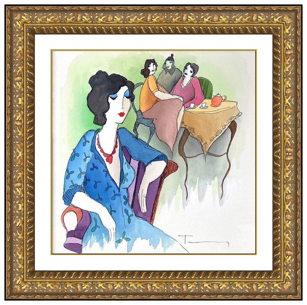 Itzchak Tarkay Original Ladies Cafe Portrait Watercolor Painting Signed Framed Art (1 of 4)
