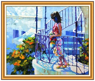 Howard Behrens Original Female Portrait Floral Oil Painting Signed Framed Canvas