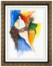 Itzchak Tarkay Original Nude Female Portrait Watercolor Painting Signed Framed Art