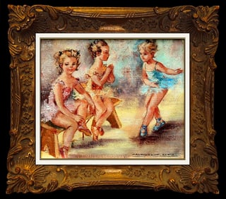 Montserrat Barta Prats Original Dance Children Oil Painting Signed Framed Canvas