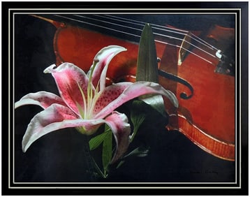 Yankel Ginzburg Original Floral Music Mixed Media Painting Signed Framed Canvas
