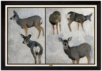 George Browne Original Wildlife Deer Diptych Oil Painting Signed Framed Canvas Board