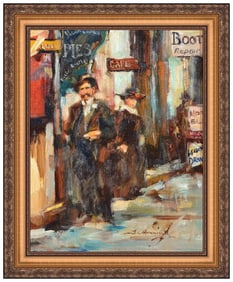 Terry Mimnaugh Original Figures City Oil Painting Signed Framed Board