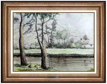 Paul Emile Pissarro Original French Landscape Watercolor Painting Hand-Signed Framed Art