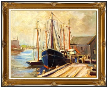 Emile A Gruppe Original Gloucester Harbor Dock Oil Painting Signed Framed Canvas