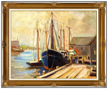 Emile A Gruppe Original Gloucester Harbor Dock Oil Painting Signed Framed Canvas: This lot includes:Gallery COA & free domestic shipping (*insurance and international shipping for an additional charge)Artist: Emile A GruppeTitle: Gloucester HarborMedium: Oil Painting On CanvasSize:
