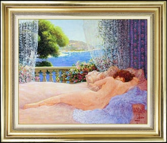 Louis Fabien Original Nude Female Portrait Oil Painting Signed Framed Canvas