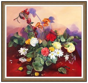 Gail Marcus Orlen Large Original Floral Still Life Oil Painting Signed Framed Canvas