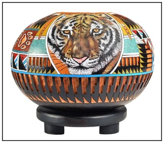 Denise Meyers Original Hand-Painted Carved Gourd Lion Vase Signed African Art