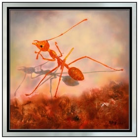 Cao Jingping Original Ant Insect Acrylic Painting Signed Rare Framed Canvas