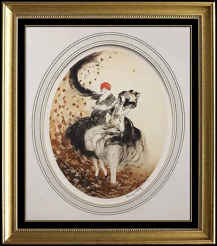 Louis Icart Autumn Leaves Hci 294 Original Hand-Colored Etching Signed Art Deco Framed