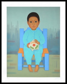 Gustavo Montoya Niña Con Perico Silkscreen Signed Large Mexican Children Artwork Framed