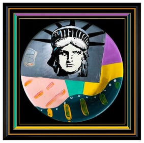 Peter Max Liberty Head Original Signed Acrylic Glazed Ceramic Plate Framed Pop Art