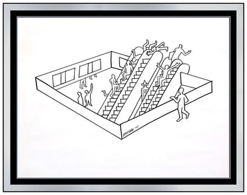 Mark Kostabi Original Faceless Figures Drawing Signed Modern Abstract Pop Art Framed