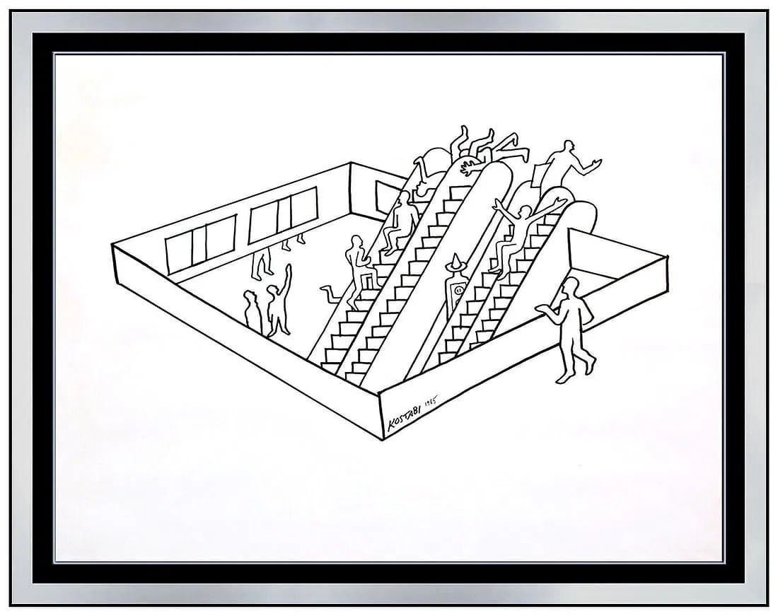 Mark Kostabi Original Faceless Figures Drawing Signed Modern Abstract Pop Art Framed (1 of 5)