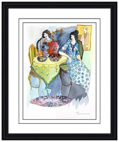 Itzchak Tarkay Original Cafe Female Portrait Watercolor Painting Signed Framed Art