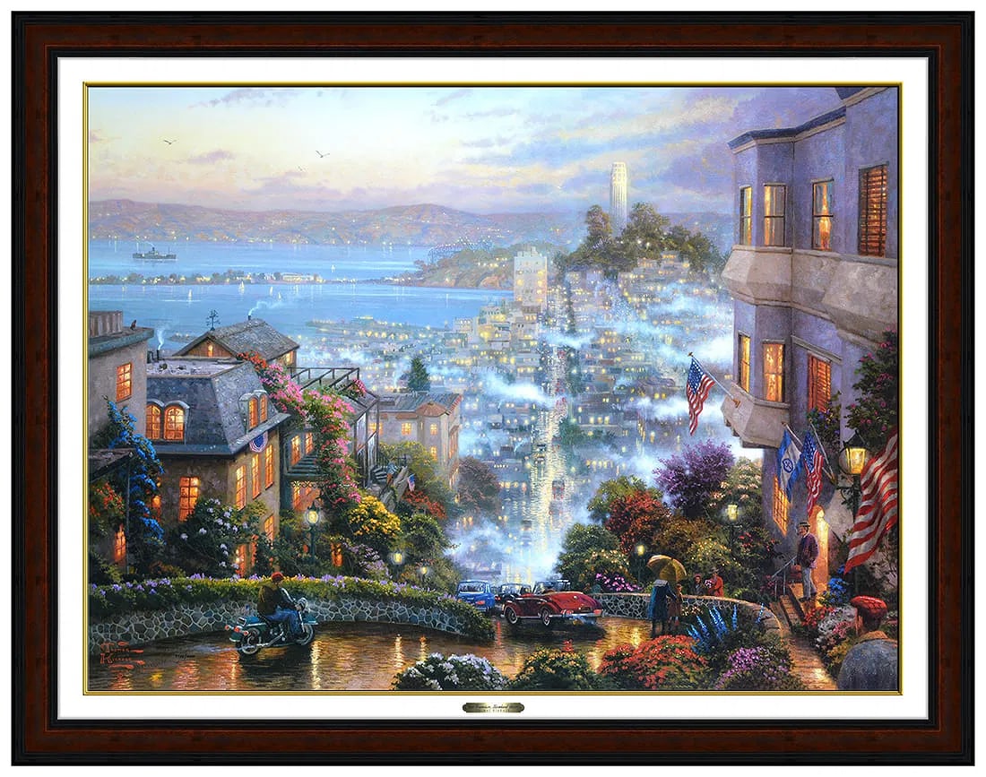 Thomas Kinkade Original Hand-Embellished City Color Print Signed Framed Artwork: This lot includes:Gallery COA & free domestic shipping (*insurance and international shipping for an additional charge)Artist: Thomas KinkadeTitle: San Francisco Lombard StreetMedium: hand-embellished