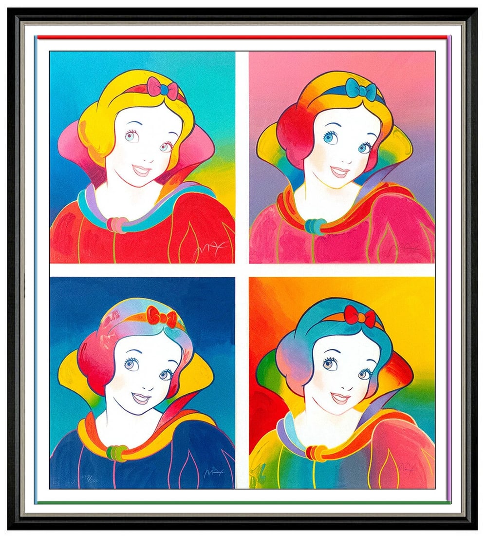 Peter Max Snow White Suite 4 Original Hand-Signed Color Silkscreen Disney Framed Art: This lot includes:Gallery COA & free domestic shipping (*insurance and international shipping for an additional charge)Artist: Peter Max Title: Walt Disney: Snow White 4 Piece SuiteMedium: Silkscreens