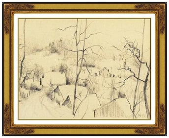 Bernard Gantner Original Winter Landscape Drawing Signed Framed Authentic Art