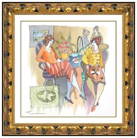 Itzchak Tarkay Original Female Figure Cafe Watercolor Painting Signed Framed Art