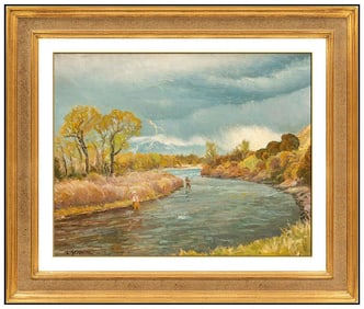 Lee Stroncek Original River Fishing Water Landscape Oil Painting Signed Framed Board