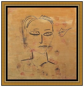 Jamali Large Original Abstract Portrait Pigmentation Painting Signed Framed Cork