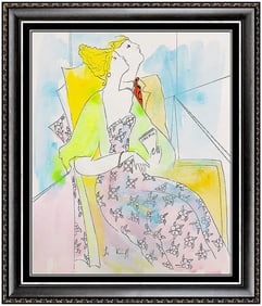 Linda Le Kinff Original Cubism Figurative Watercolor Painting Signed Framed Art