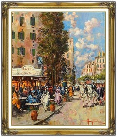 Antonio Gravina Original Italy Cityscape Cafe Oil Painting Signed Framed Canvas