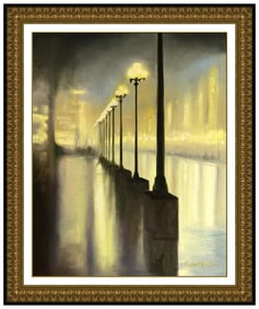 Robert K White Original Cityscape Oil Painting on Canvas Signed and Framed
