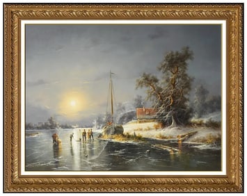 Ludwig Muninger Figurative Landscape Oil Painting Signed on Canvas Framed Art