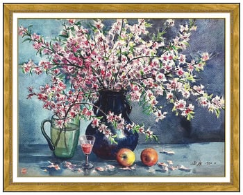Yan Kang Qian Watercolor Painting Flowers Fruit Signed and Framed Artwork