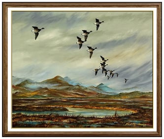 David Hagerbaumer Ducks Wildlife Oil Painting Signed on Canvas Landscape Artwork