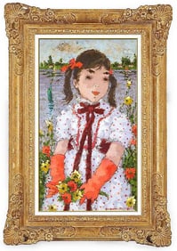 Suzanne Eisendieck Girl Portrait Oil Painting on Canvas Signed Floral Artwork