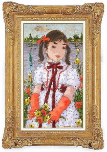 Suzanne Eisendieck Girl Portrait Oil Painting on Canvas Signed Floral Artwork: This lot includes:Gallery COA & free domestic shipping (*insurance and international shipping for an additional charge)Artist: Suzanne Eisendieck Title: Petit Fille D'HonneurMedium: Oil Painting On Ca