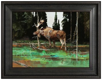 Dennis P Anderson Wildlife Moose Portrait Oil Painting Signed on Board Artwork