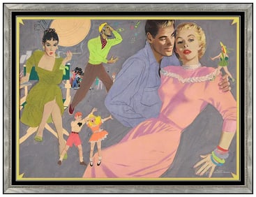 Jon Whitcomb Original Gouache Painting Figures Illustration Signed Framed