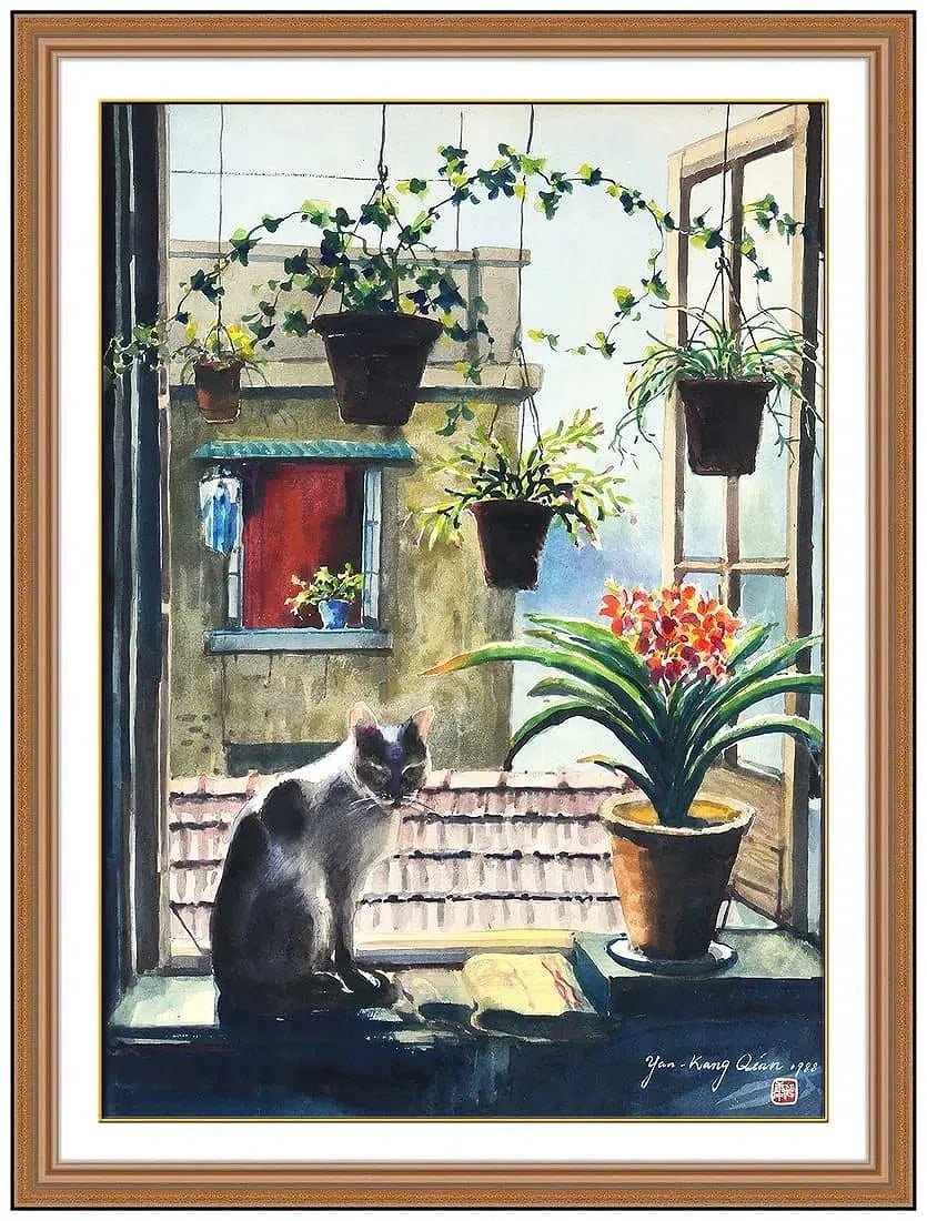 Yan Kang Qian Original Watercolor Painting City Figures Signed Framed Artwork (1 of 4)