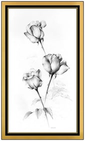 Alexander Canedo Original Charcoal Drawing Signed Rose Still Life Framed Art