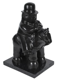 After Fernando Botero Man on Horse Bronze Sculpture Full Round Figurative Artwork
