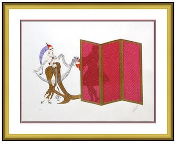 Erte Mystery of Courtesan Embossed Serigraph Art Deco Signed Framed Fashion Art