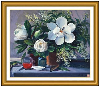 Yan Kang Qian Original Watercolor Painting Paper Flower Signed Framed Artwork